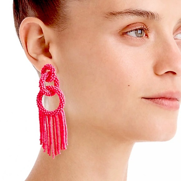 J.CREW Beaded Fringe Earrings NWT Bright Pink - Picture 1 of 5